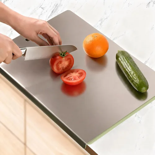 Miniatura 13 de Tabla de cortar grande de acero inoxidable con borde para cocina, tablas de cortar con alfombrilla antideslizante naranja, tabla de cortar con borde