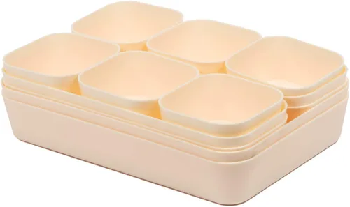Miniatura 4 de Juego de 12 organizadores de cajones de escritorio de plástico de color beige para maquillaje, baño, oficina, cocina, cajón, caja de almacenamiento