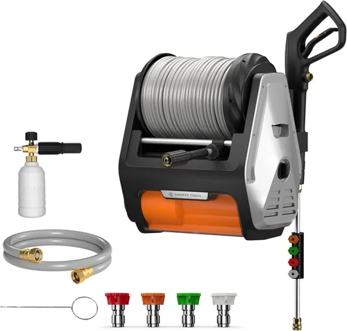 Giraffe Tools Lavadora a presión de montaje en pared PRO con máximo 3700PSI 1.6 GPM, motor sin escobillas mejorado de 1800 W, hidrolavadora Plateado