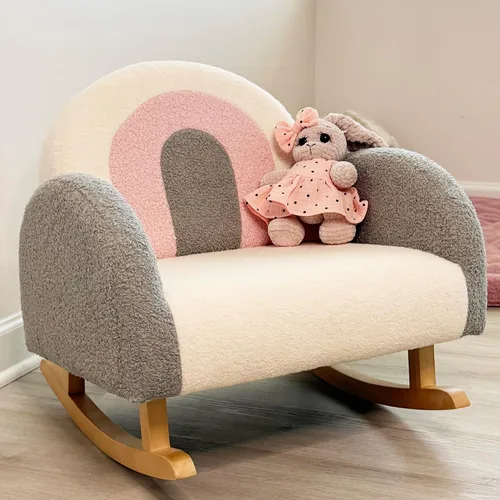 Miniatura 9 de Qaba Sofá para niños, mecedora para niños pequeños con marco de madera maciza, tela de vellón de cordero sintético, sillón para niños para guardería