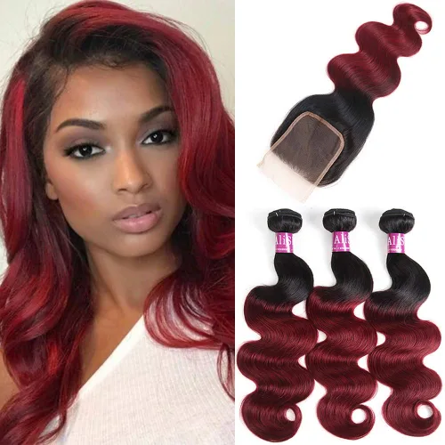 Miniatura 10 de 4 paquetes de cabello humano ondulado brasileño degradado borgoña T1B/99J, paquetes de cabello humano ondulado y húmedo para mujeres negras