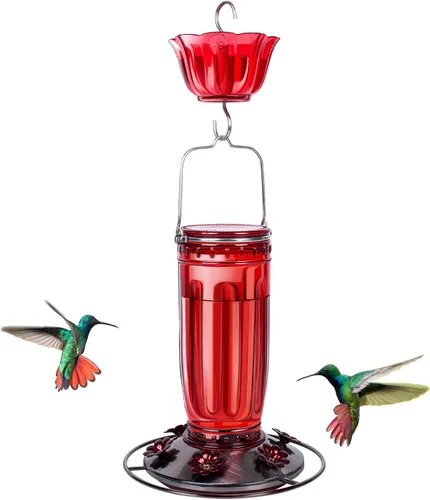 Miniatura 10 de Kingsyard Comedero de vidrio para colibríes para exteriores, comedero para pájaros silvestres con 6 puertos de alimentación para colgar para patio