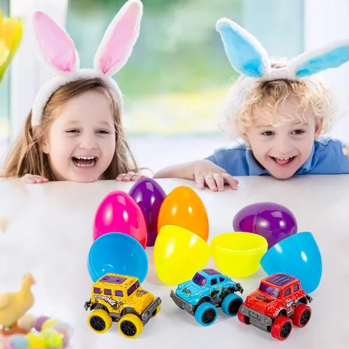 Miniatura 7 de Paquete de 12 huevos de Pascua rellenos con autos de aleación para niños de 3 a 6 años, vehículos monstruos de retroceso juguetes para recuerdos