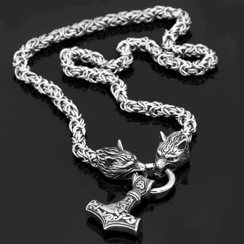 Miniatura 3 de GuoShuang Wolf Head with Thor Mjolnir Pendant Necklace Stainless Steel - King Chain