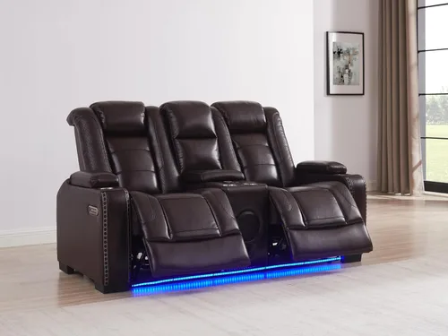 Miniatura 13 de THSUPER Silla reclinable Power Theater de cuero marrón con almacenamiento de brazos y luces LED, reclinable con reposacabezas eléctrico y portavasos