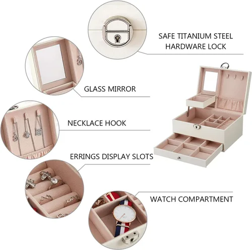 Miniatura 5 de goldwheat Joyero organizador de cuero de dos capas con espejo de cerradura para mujeres y niñas, estuche de viaje, almacenamiento de exhibición
