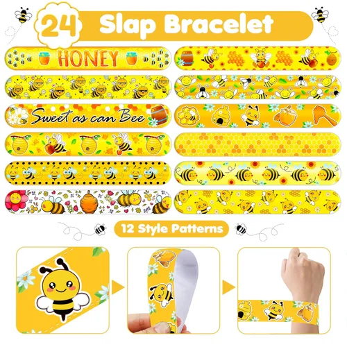 Miniatura 5 de Juego de 72 piezas para fiesta de abejas, 48 tatuajes temporales y 24 pulseras de bofetada, suministros de cumpleaños con temática de abejorro