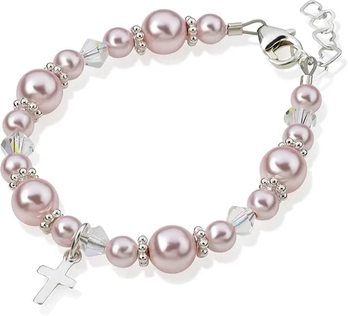 Communion Jewelry, Austrian Pink Pearls and Crystals and Sterling Silver Cross Charm , Baptism, Christening Keepsake , Infant, Baby, Toddler, Child,