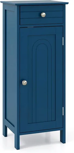 Miniatura 13 de Tangkula Armario de suelo de baño, gabinete de almacenamiento independiente de una sola puerta con cajón y 2 estantes ajustables, organizador