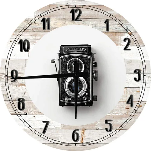 Retro Vintage Cámara Arte De Pared Fotografía Grande Redonda Madera Reloj De Pared Decoración 18 Pulgadas Blanco