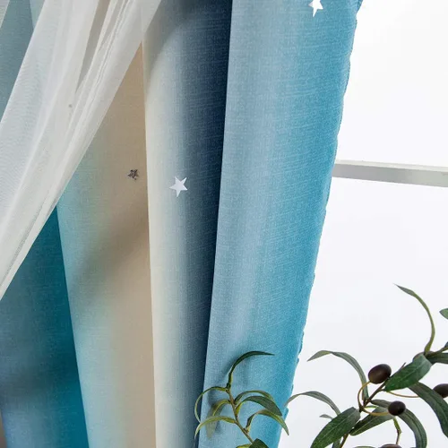 Miniatura 7 de vctops Cortinas opacas con diseño de rayas degradadas para ventana, de doble capa, de tul, cortinas recortadas con estrellas para dormitorio de Azul