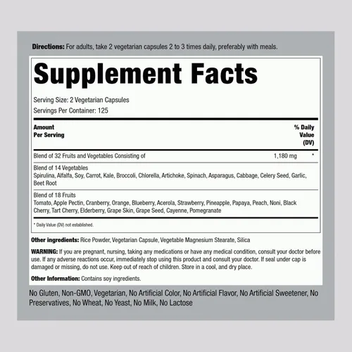 Miniatura 2 de Piping Rock Suplemento de frutas y verduras 250 cápsulas Vitaminas de frutas y verduras superalimentos Vegetariano, sin OMG, sin gluten