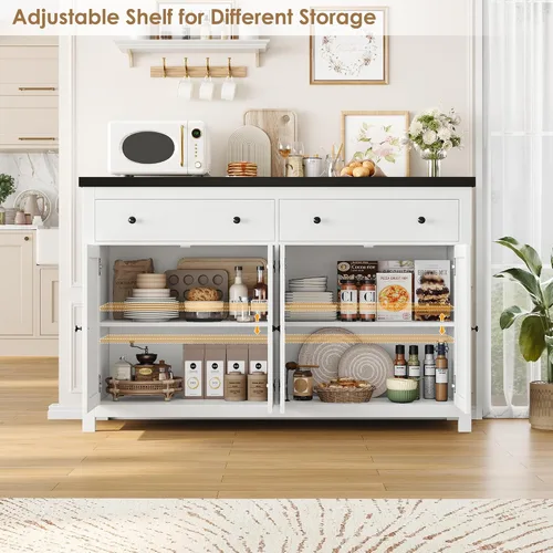 Miniatura 6 de FOTOSOK Aparador Buffet con Almacenamiento, Gabinete de Almacenamiento de Cocina Grande de 55" con 2 Cajones y 4 Puertas, Gabinetes de Barra de Café