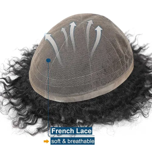 Miniatura 3 de HAPPY&CC Manejar cabello afro unidad negro hombres cabello humano toupee peluca francesa encaje pieza de pelo sistema de reemplazo para hombres #1