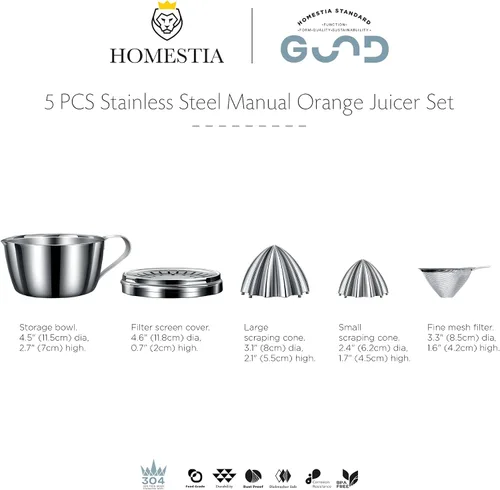 Miniatura 9 de Homestia Exprimidor manual de cítricos de acero inoxidable – Exprimidor de toronja de naranja limón con 2 conos desmontables, cuenco de 14 onzas