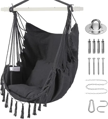 Goutime Silla tipo hamaca, columpio de techo de cuerda colgante con 2 cojines, sillas bohemias colgantes de macramé para interiores, exteriores,