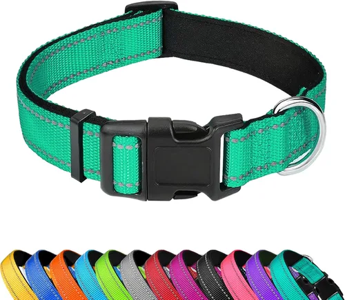 Miniatura 7 de Collar reflectante para perro, ajustable de neopreno suave acolchado de nailon para mascotas con hebilla para perros extra grandes, verde azulado