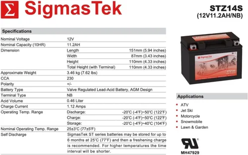 Miniatura 3 de Yuasa YTZ14S - Batería de motocicleta AGM sellada de plomo ácido compatible por SigmasTek, STZ14S 230CCA