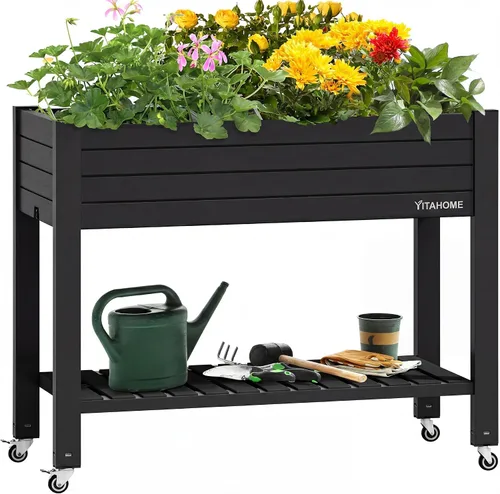 Miniatura 15 de YITAHOME Cama de jardín elevada de polietileno de alta densidad, 47 x 18 x 31 pulgadas, maceta elevada de madera de polietileno resistente a