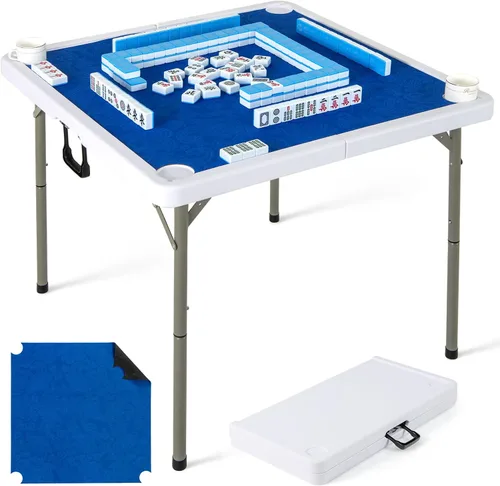 Miniatura 14 de Goplus Mesa de Mahjong, mesa plegable cuadrada de 35" con 4 portavasos, alfombrilla antideslizante, superficie de HDPE, patas de metal, mesa