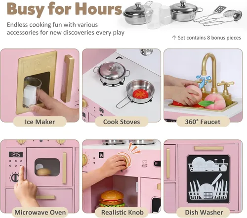Miniatura 2 de TODEFULL Juego de cocina de simulación para niños, juego interactivo de madera con diseño realista, fregadero, microondas, máquina de hielo, Rosa