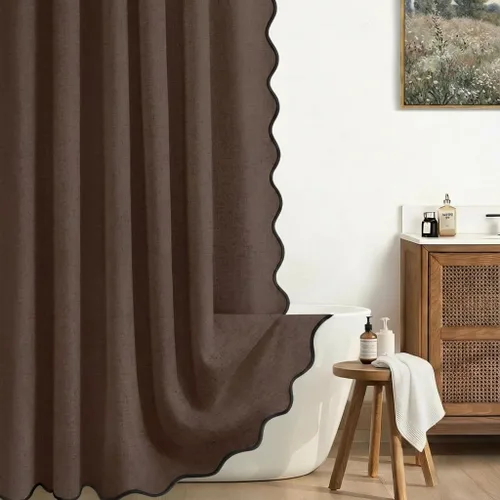 Miniatura 8 de Cortina de Ducha de Lino Beige Bonita Negra Festoneada Boho Moderna Cortinas de Ducha para Baño Juego, 48" W x 72" L