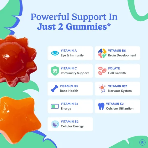 Miniatura 5 de FIRST DAY Gomitas multivitamínicas para niños a partir de 4 años, sabor a fresa y naranja - Vitaminas para niños, multivitamínicas gomosas A C D3 K2