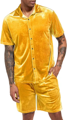 Miniatura 43 de LecGee Conjunto de pantalones cortos casuales de verano para hombre, camisa de terciopelo de manga corta con botones, pantalones cortos de cintura