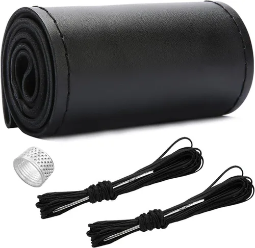 Ziciner - Funda de cuero genuino para volante, transpirable, antideslizante, protector de volante de automóvil para un diámetro máximo de 15 Negro