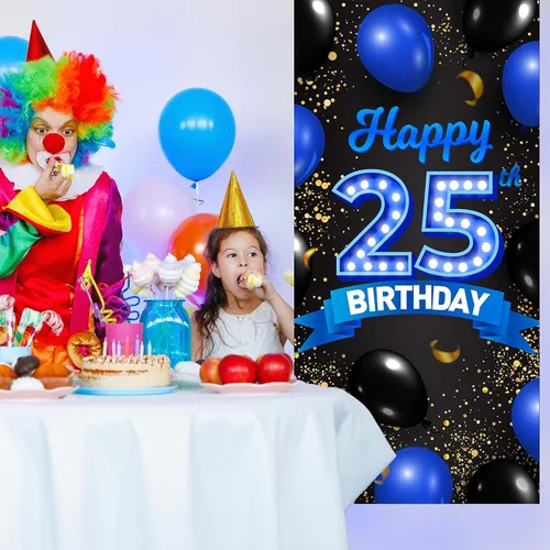 Miniatura 4 de Cartel de feliz cumpleaños 25 color azul y negro, decoración temática de globos de confeti para mujeres de 25 años, suministros de cumpleaños