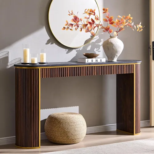 OKD Moderna mesa consola acanalada, 63 pulgadas de largo para entrada estrecha y mesas de sofá para pasillo, mesa decorativa alta detrás del sofá