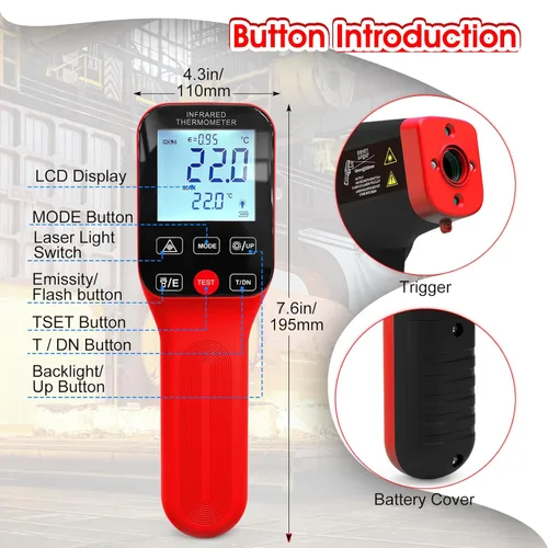 Miniatura 2 de Termómetro infrarrojo pirómetro 30:1 - 58℉~2912℉, termómetro sin contacto, pistola de temperatura láser recargable con pantalla LCD, emisividad