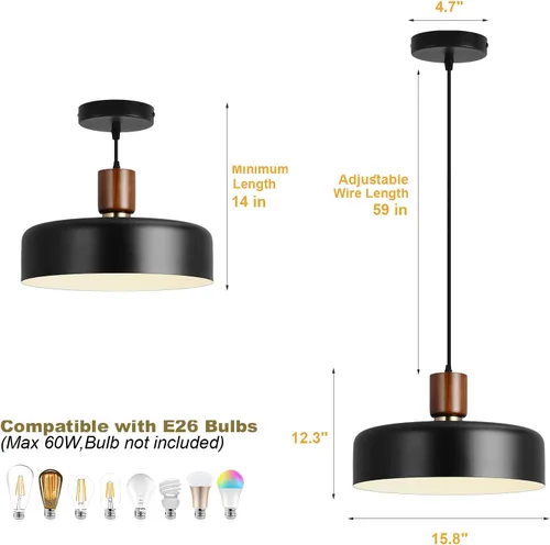 Miniatura 4 de Lámpara colgante industrial, lámpara colgante de cúpula de madera de goma con pantalla de metal martillado de 15.8 pulgadas, lámparas modernas Negro