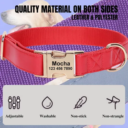 Miniatura 4 de Custom Large Dog Collar Solid Color Personalized Pet Collar Leather & Nylon Puppy Dogs ID Collars Engraved Name for Small Medium Large Dog