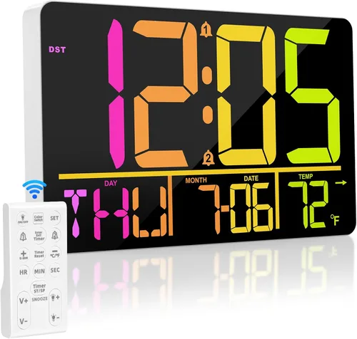 Miniatura 8 de PERSUPER Reloj de pared digital de 13 pulgadas con control remoto, 25 tonos de llamada, temperatura, calendario, 0-100% brillo automático