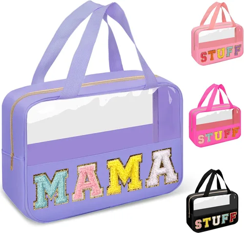 Miniatura 9 de izuzta Bolsas de maquillaje transparentes tipo tote con letras de chenilla, bolsa de maquillaje preppy con asa, Moda
