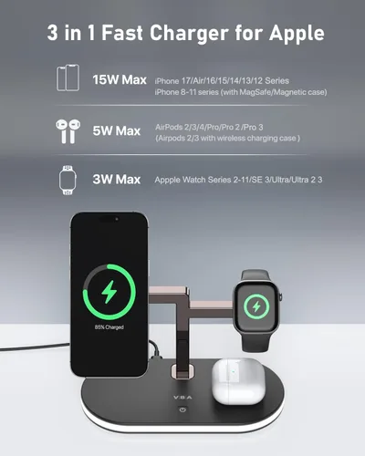 Miniatura 6 de VBA Estación de carga inalámbrica 4 en 1 para cargador Apple MagSafe, soporte de cargador inalámbrico magnético de carga rápida con luz nocturna