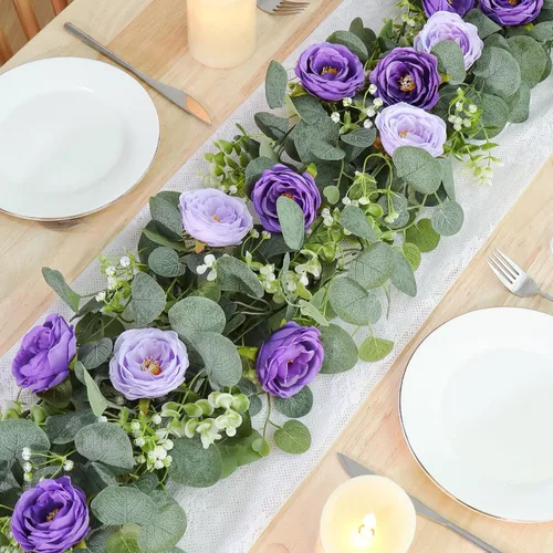 Miniatura 9 de TOCHGREEN Paquete de 2 Guirnaldas de Flores de Eucalipto Artificial de 12 Pies con Rosas Champán, Guirnalda de Flores de Rosa Falsa Verdor