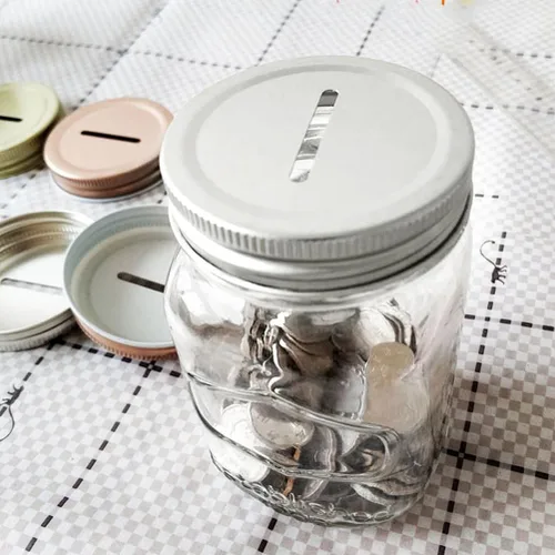 Miniatura 7 de Luxshiny 20 tapas para conservas, tapas de ranura para monedas para tarros de boca regular, tarros de ahorro de dinero, tapas ranuradas plateadas