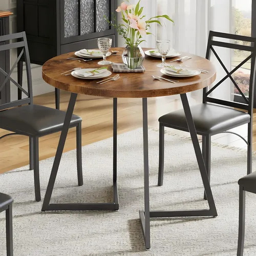 VECELO Mesa de comedor redonda de 35 pulgadas para 4, superficie de grano de madera y marco de acero resistente, para cocina, sala de estar, fácil