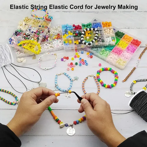 Miniatura 7 de Cuerda elástica para pulseras, 2 rollos de 1 mm de cuerda elástica resistente para hacer joyas, collares, encordado (negro)