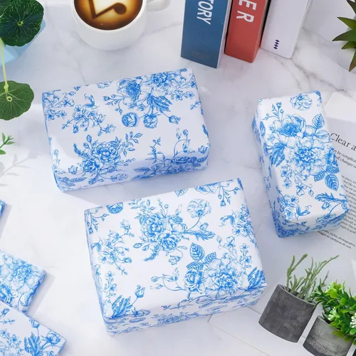 Miniatura 5 de AnyDesign 100 hojas de papel de seda floral azul chinoiserie papel de regalo vintage azul blanco papel de embalaje de flores de bricolaje para baby