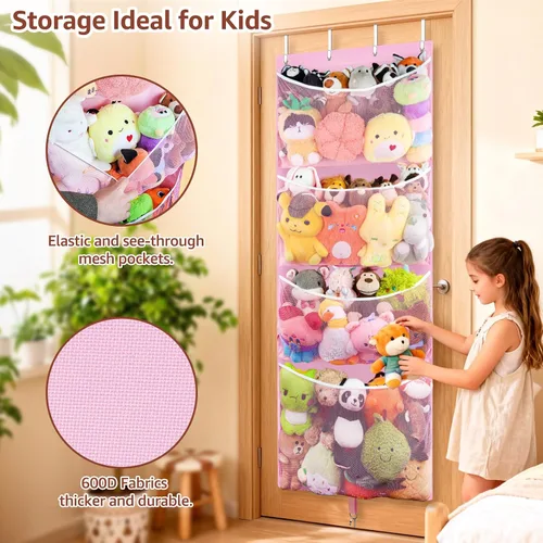 Miniatura 4 de Woodoulogy Almacenamiento Colgante de Animales de Peluche, Organizador Grande de Juguetes de Felpa Sobre la Puerta con Gancho de Metal, Idea de Rosa