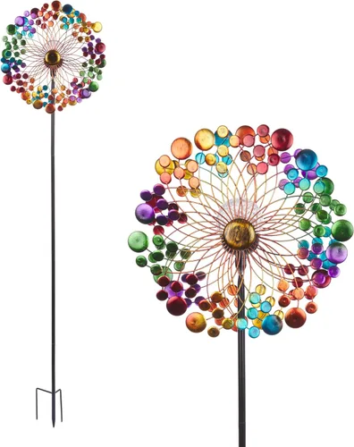Alpine Corporation Estaca de metal eclíptica solar de 68 pulgadas de alto con luces LED que cambian de color, decoración de jardín, multicolor