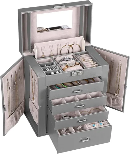 Miniatura 7 de BEWISHOME Joyero grande de 5 niveles organizador de joyas con espejo de cerradura para mujeres y niñas cajas de joyería para collares anillos aretes
