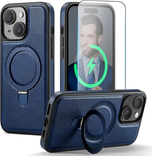 Miniatura 10 de Funda para iPhone 13 con soporte compatible con Magsafe, color negro Magnetic Kickstand, with Tempered Glass Screen Protector, Durable PU Leather