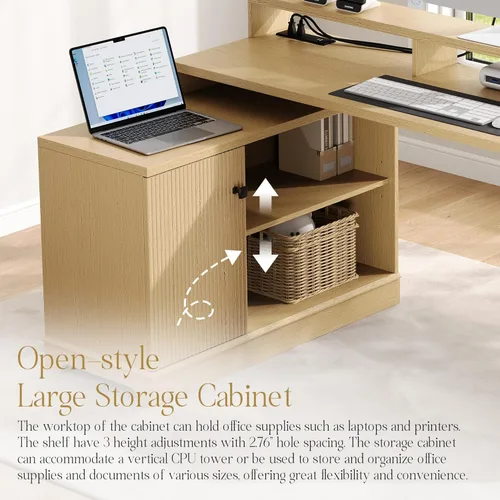 Miniatura 8 de 67" L Shaped Executive Desk with Drawers & Storage Shelf, Corner Computer Desk with Power Outlets, Home Office Desk with Monitor Stand, Printer