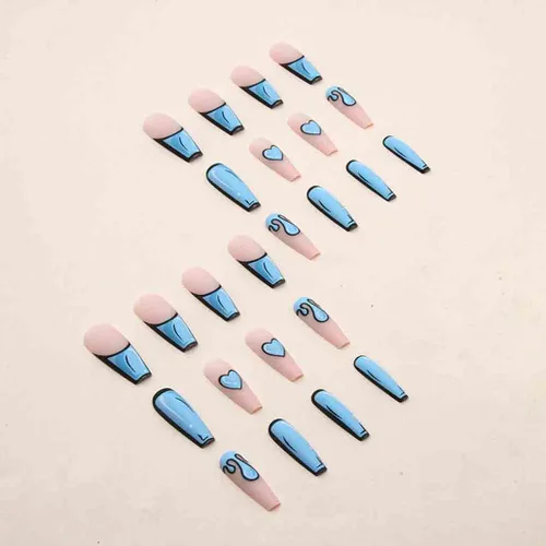 Miniatura 2 de Foccna Uñas postizas a presión color azul cómic, extra largas, uñas postizas acrílicas, ataúd de dibujos animados, uñas postizas para mujeres