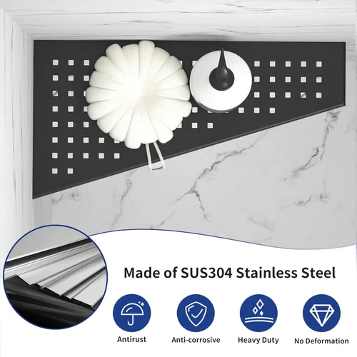 Miniatura 3 de Estante esquinero para ducha, color negro mate de 12 pulgadas con lechada trapezoidal en estante para champú, diseño de rejilla de acero inoxidable