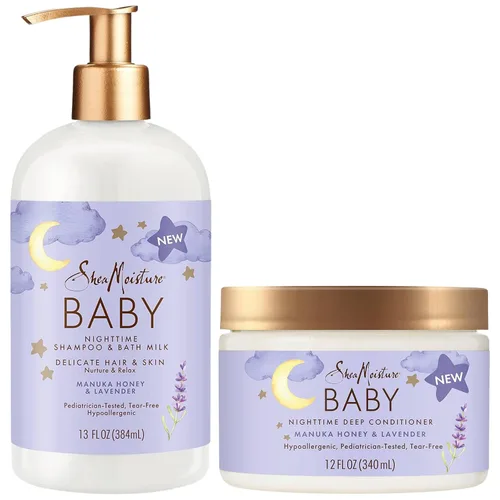 SheaMoisture Baby Essentials, champú nocturno y leche de baño + acondicionador profundo, miel de manuka y lavanda, probado por pediatras,